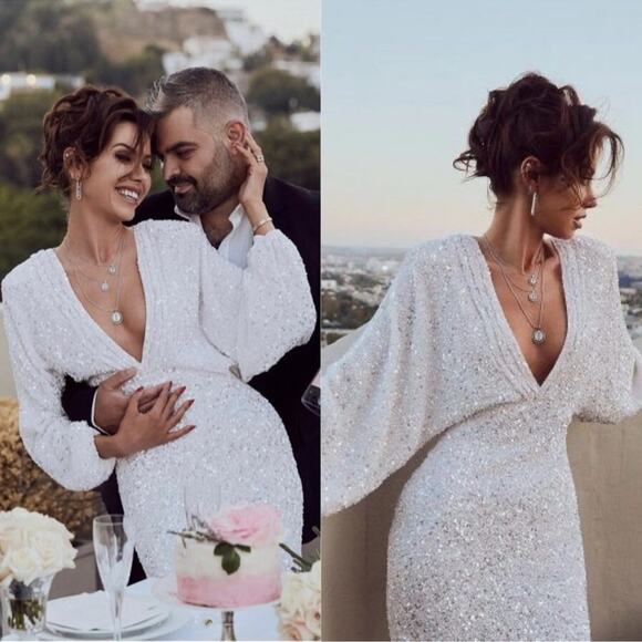 RETROFETE Camille Sequin Embellished Long Sleeve Deep V Maxi Dress Size Small - Picture 3 of 14